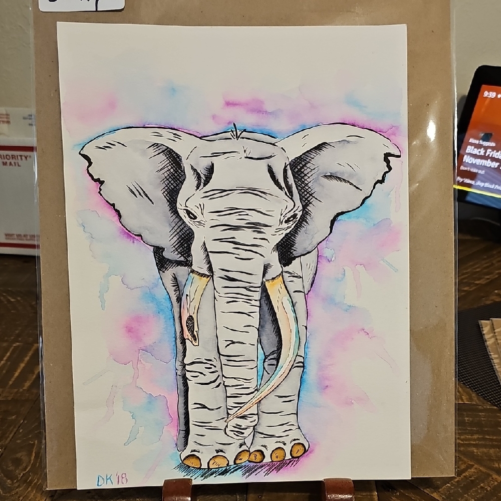 Colorful Elephant Water Color And Ink Art Piece.